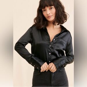 Free People Shooting" For The Moon" Black Satin Button down Blouse , Small, NWT